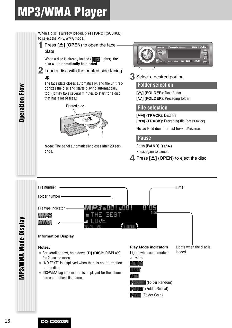 Mp3/wma player, Operation flow, Mp3/wma mode display | Folder selection, File selection, Pause | Panasonic CQ-C8803N User Manual | Page 28 / 46