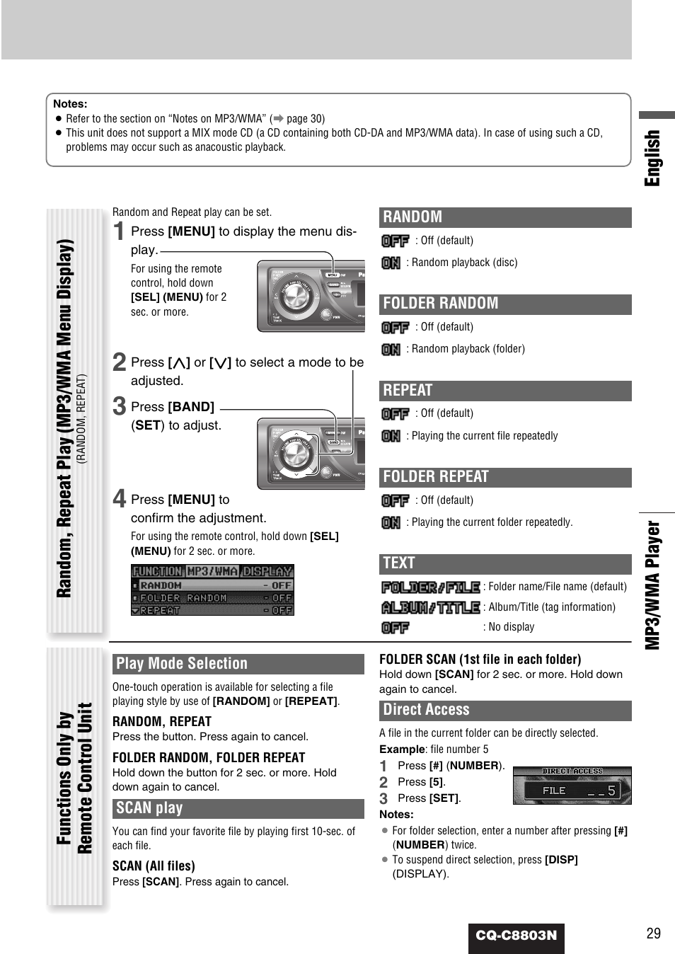 English, Mp3/wma player, Random, repeat play (mp3/wma menu display) | Functions only by remote control unit, Random, Folder random, Repeat, Folder repeat, Text, Play mode selection | Panasonic CQ-C8803N User Manual | Page 29 / 46