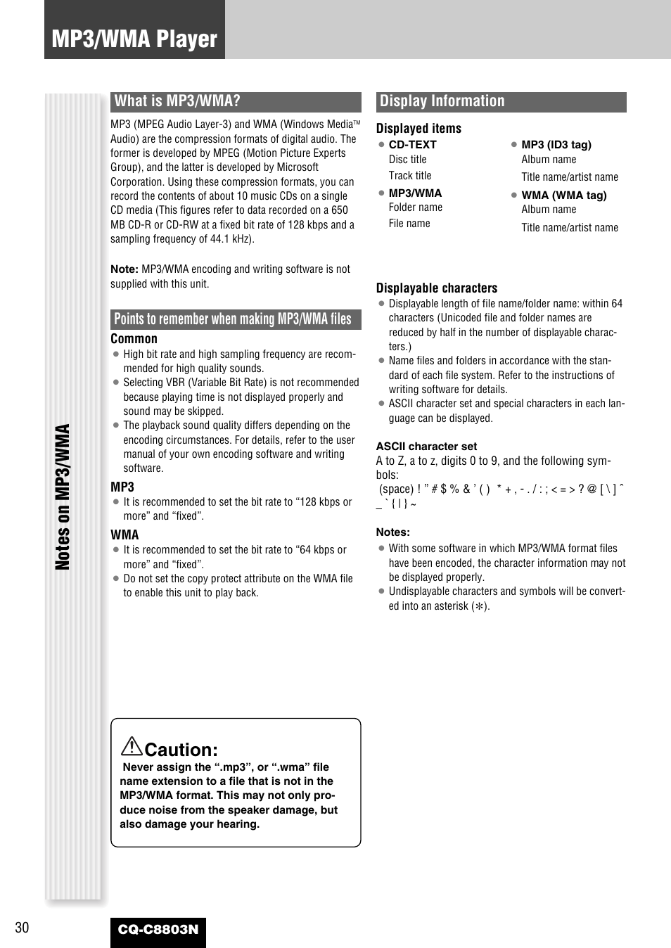 Mp3/wma player, Caution, What is mp3/wma | Points to remember when making mp3/wma files, Display information | Panasonic CQ-C8803N User Manual | Page 30 / 46