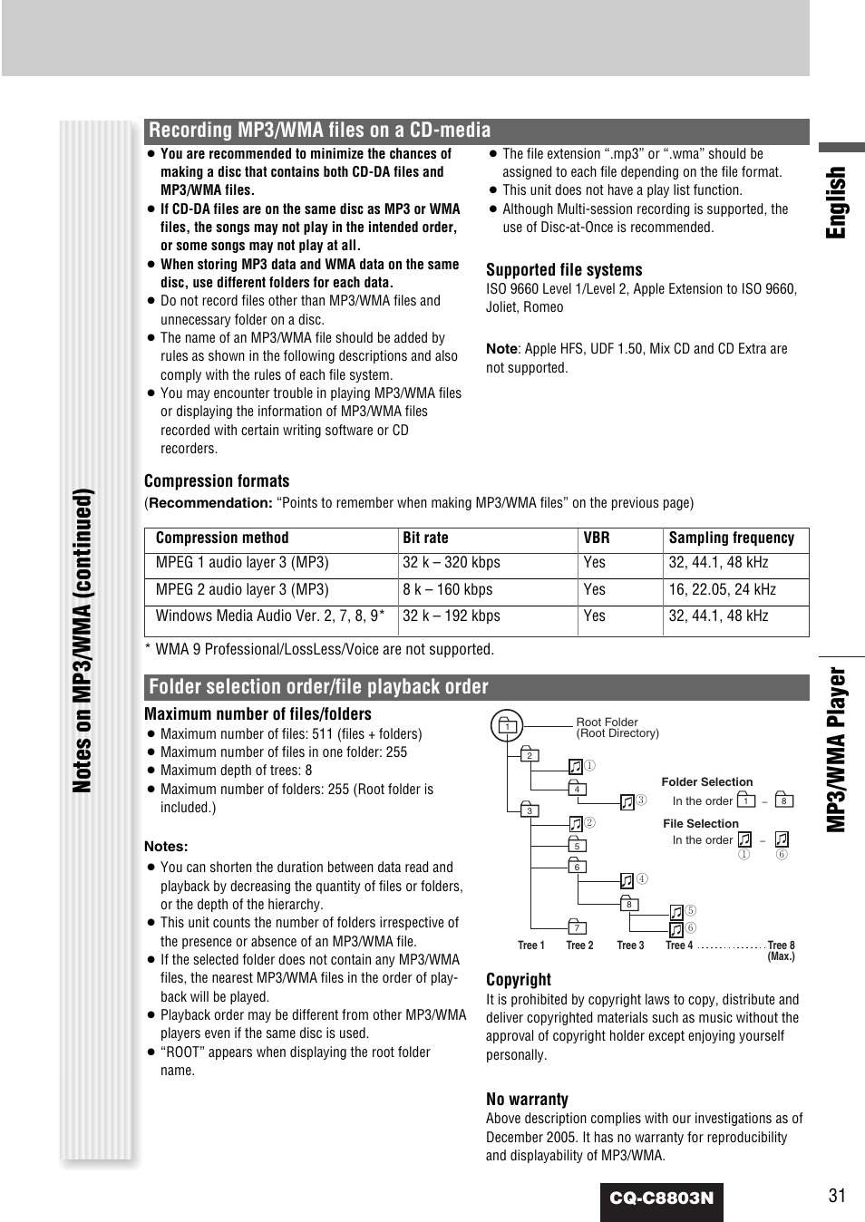 English, Mp3/wma player, Recording mp3/wma files on a cd-media | Folder selection order/file playback order | Panasonic CQ-C8803N User Manual | Page 31 / 46