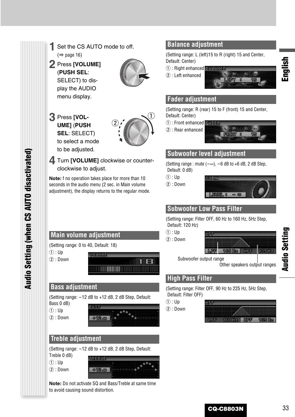 English, Audio setting (when cs auto disactivated), Audio setting | Panasonic CQ-C8803N User Manual | Page 33 / 46