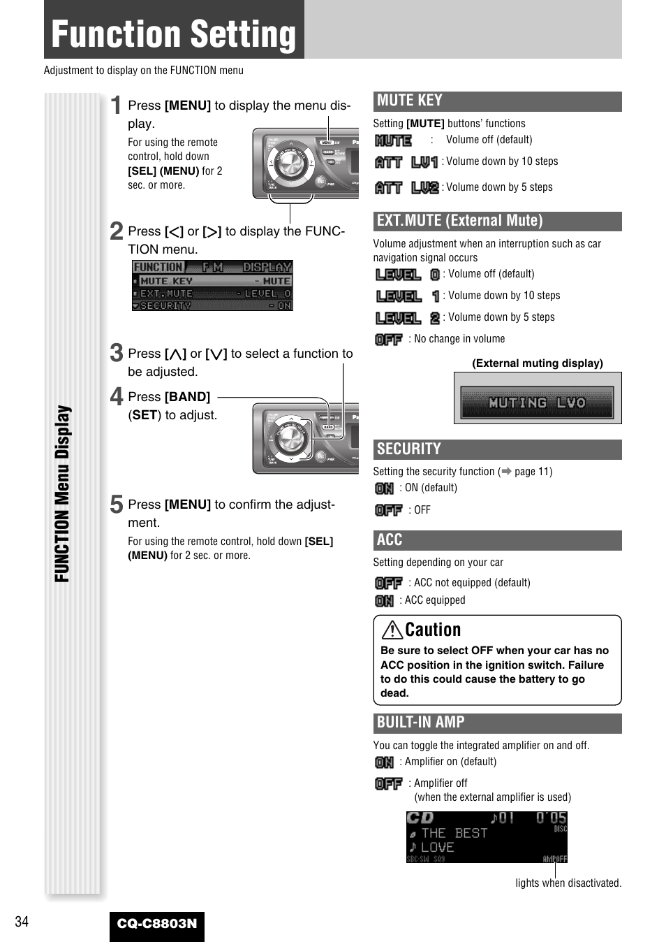 Function setting, Function menu display, Caution | Panasonic CQ-C8803N User Manual | Page 34 / 46