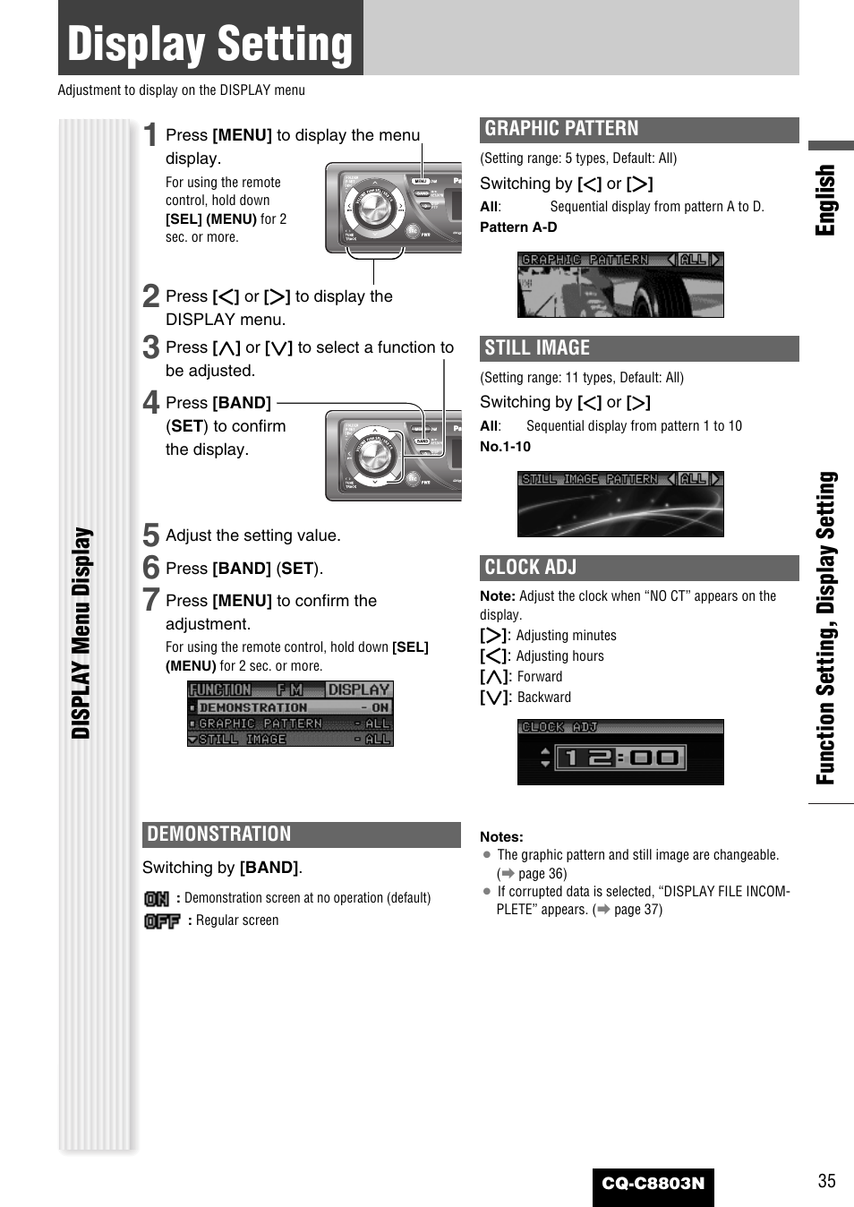 Display setting, English, Function setting, display setting | Displa y menu display | Panasonic CQ-C8803N User Manual | Page 35 / 46