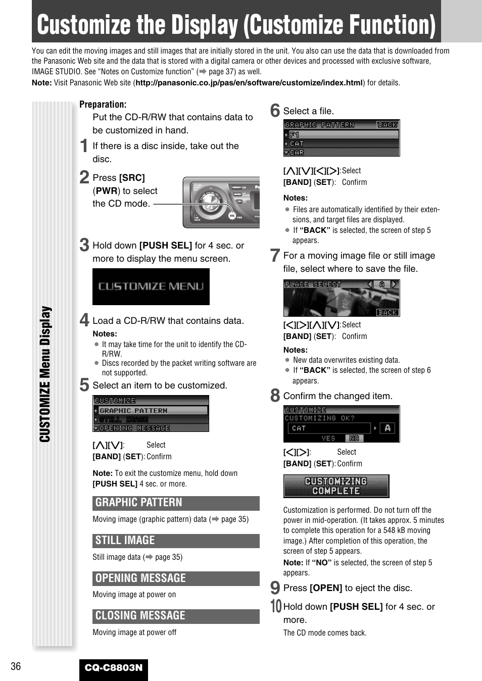 Customize the display (customize function), Customize menu display | Panasonic CQ-C8803N User Manual | Page 36 / 46