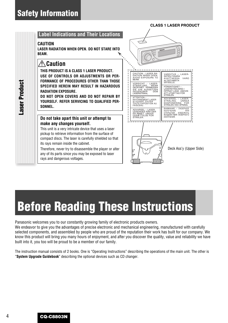 Before reading these instructions, Safety information, Laser product | Caution, Label indications and their locations | Panasonic CQ-C8803N User Manual | Page 4 / 46