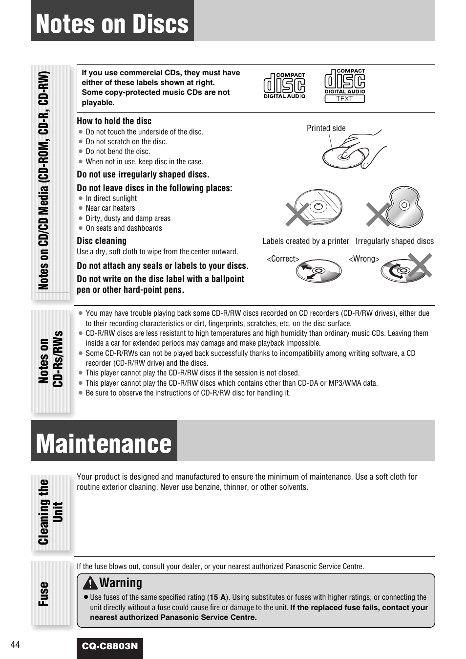 Maintenance, Cleaning the unit fuse, Warning | Panasonic CQ-C8803N User Manual | Page 44 / 46