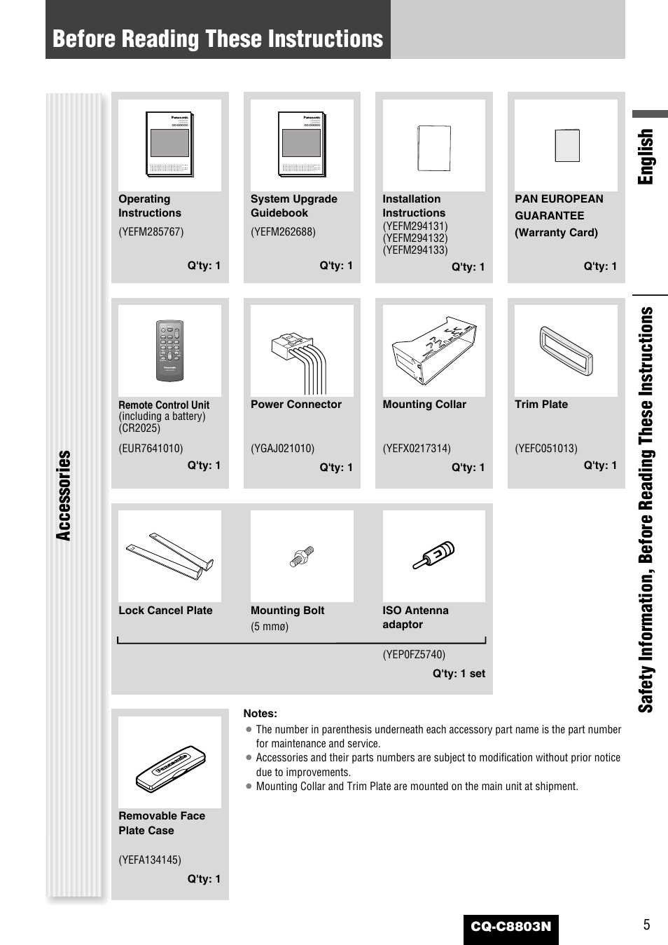 Before reading these instructions, English, Accessories | Cq-c8803n | Panasonic CQ-C8803N User Manual | Page 5 / 46