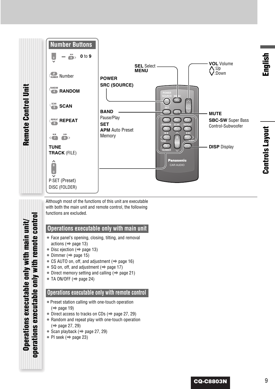 English, Operations executable only with main unit, Operations executable only with remote control | Number buttons, Cq-c8803n | Panasonic CQ-C8803N User Manual | Page 9 / 46