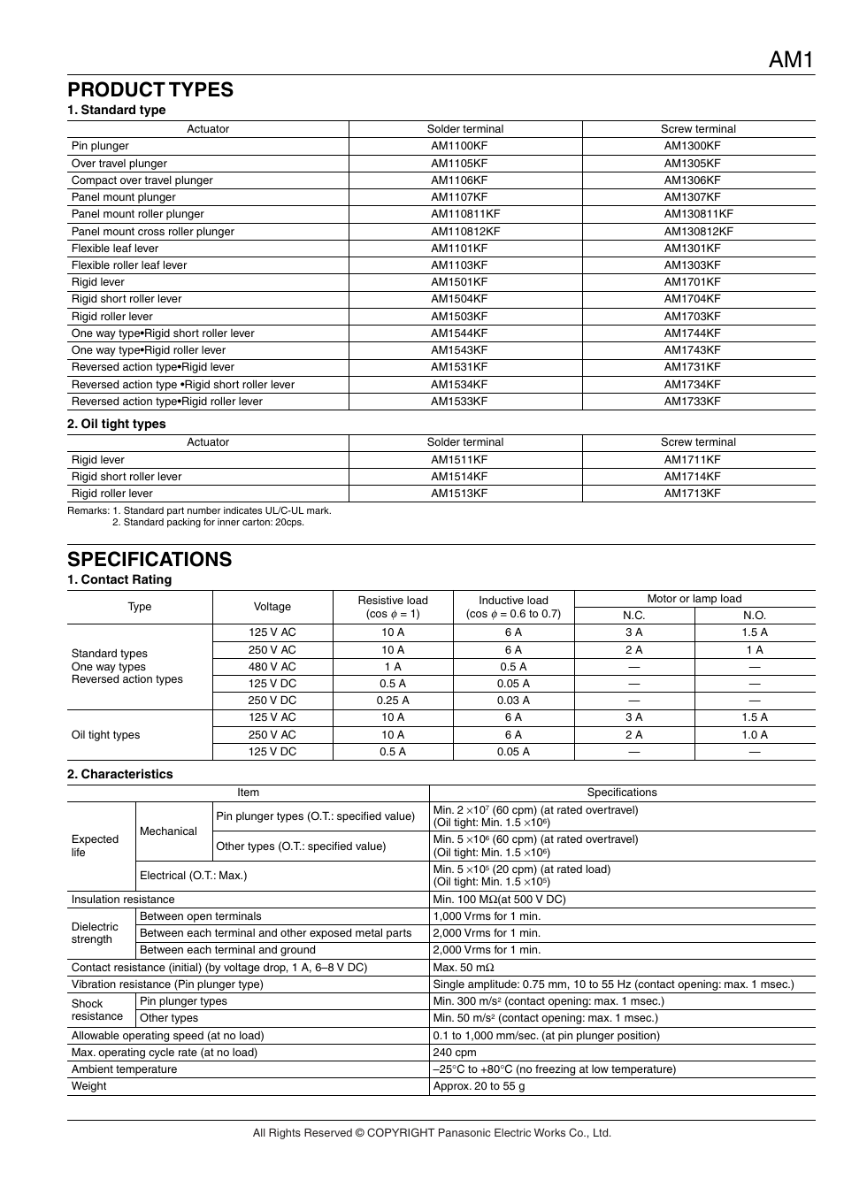 Product types, Specifications | Panasonic AM1 (NZ BASIC) User Manual | Page 2 / 9