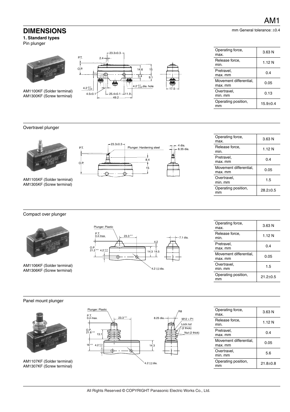 Dimensions, Standard types pin plunger, Overtravel plunger | Compact over plunger, Panel mount plunger | Panasonic AM1 (NZ BASIC) User Manual | Page 4 / 9