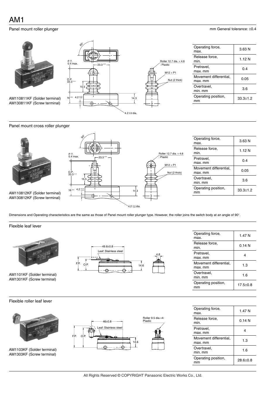 Panel mount roller plunger, Panel mount cross roller plunger, Flexible leaf lever | Flexible roller leaf lever | Panasonic AM1 (NZ BASIC) User Manual | Page 5 / 9