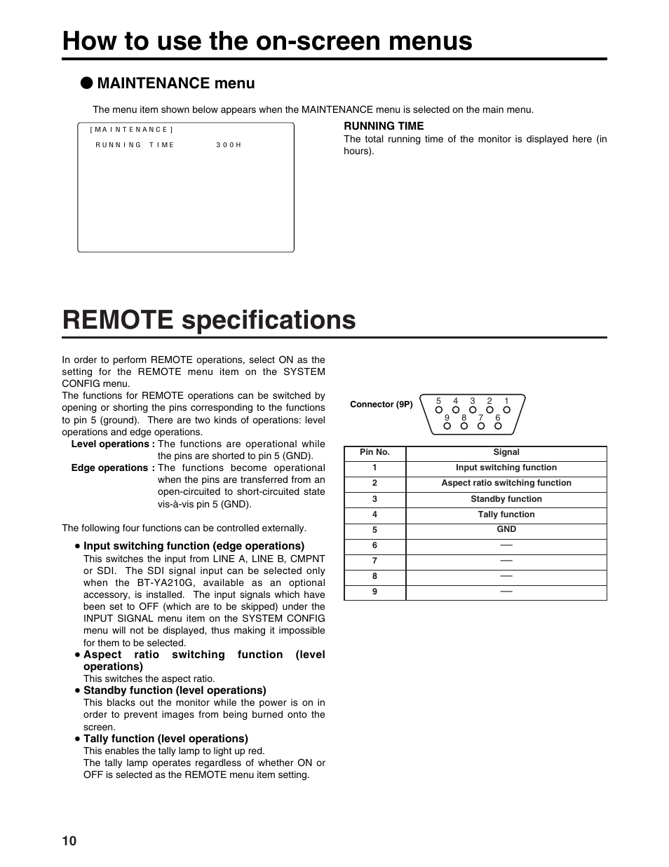 Remote specifications, How to use the on-screen menus, Maintenance menu | Panasonic BT-LS1400P User Manual | Page 10 / 16