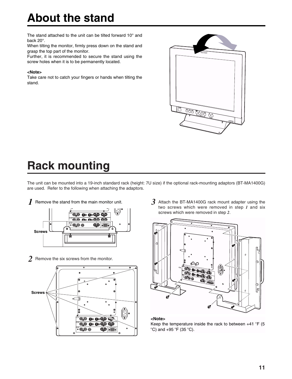 About the stand, Rack mounting | Panasonic BT-LS1400P User Manual | Page 11 / 16