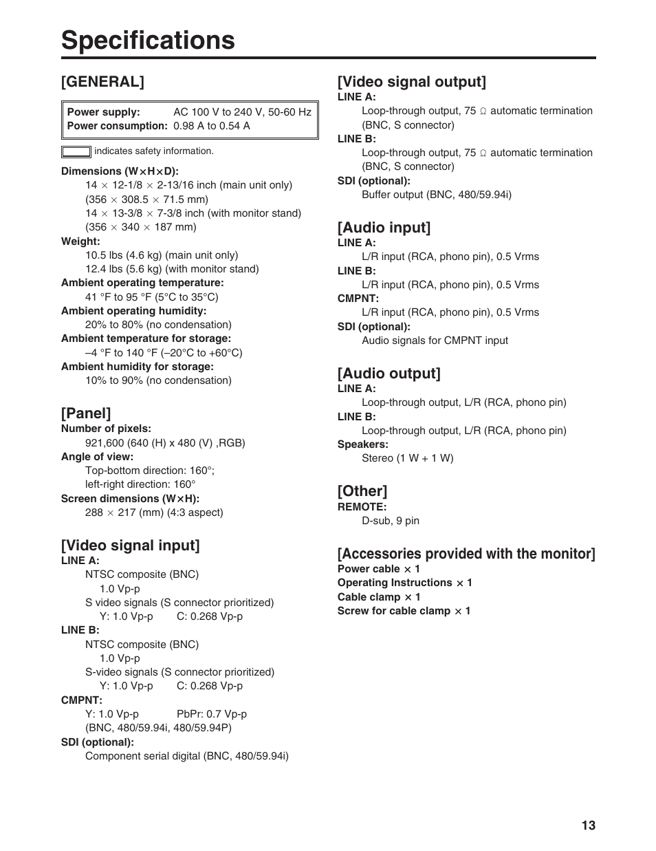 Specifications, Panel, Video signal input | Video signal output, Audio input, Audio output, Other, Accessories provided with the monitor, General | Panasonic BT-LS1400P User Manual | Page 13 / 16