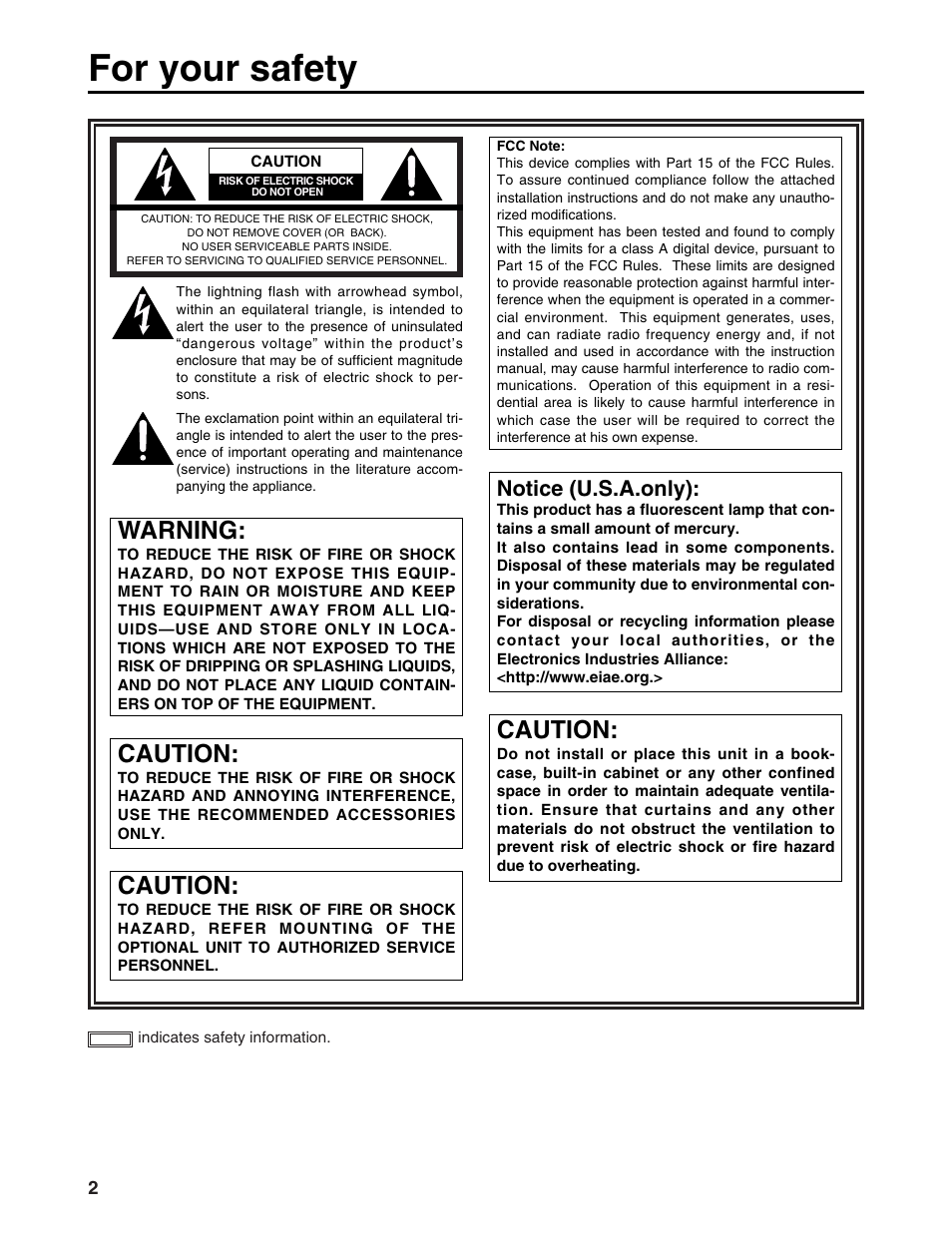 For your safety, Warning, Caution | Notice (u.s.a.only) | Panasonic BT-LS1400P User Manual | Page 2 / 16