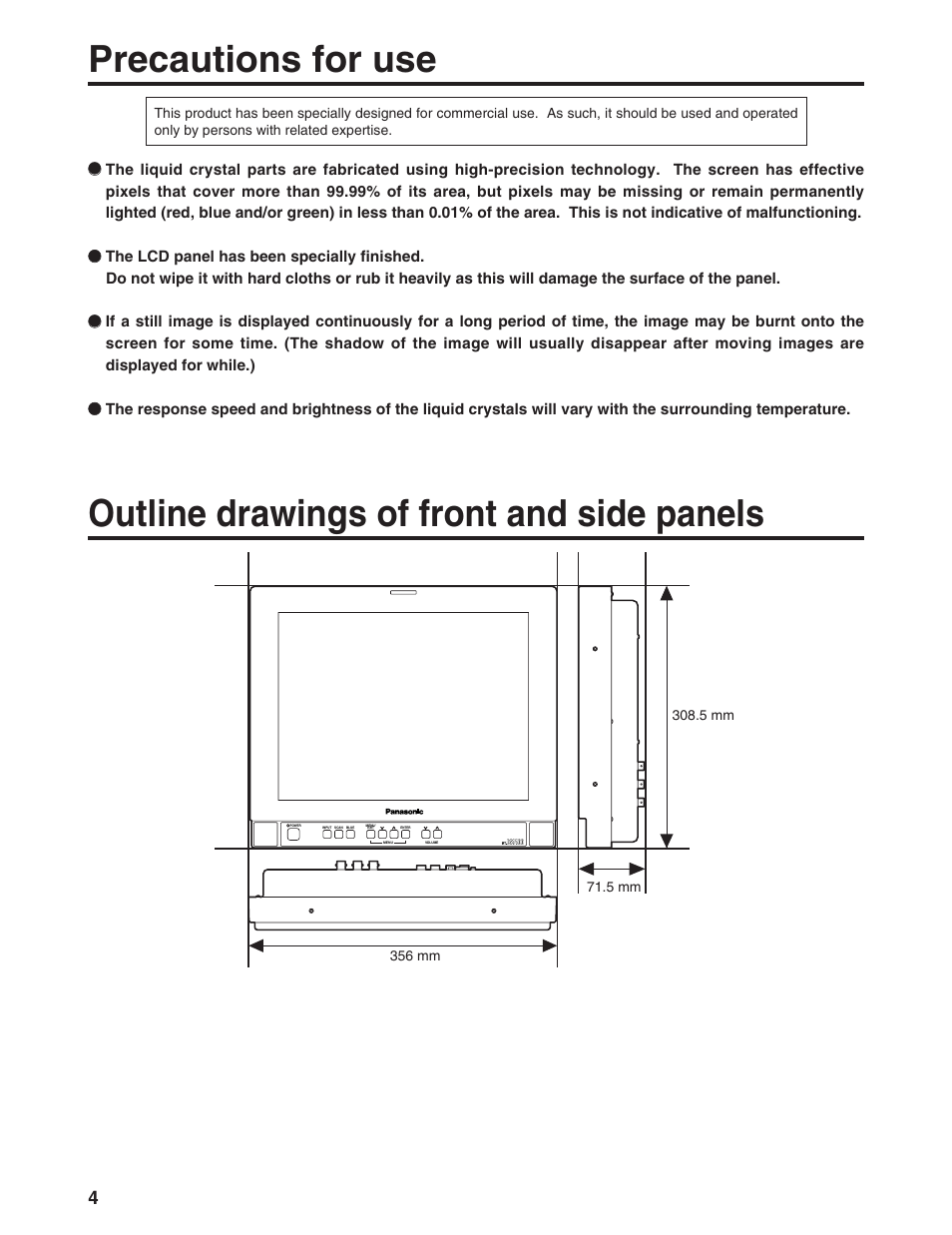 Precautions for use, Outline drawings of front and side panels | Panasonic BT-LS1400P User Manual | Page 4 / 16