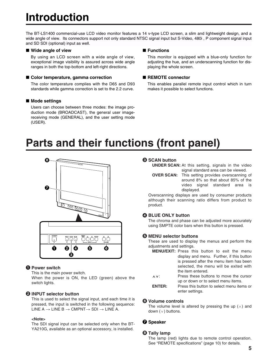Introduction, Parts and their functions (front panel) | Panasonic BT-LS1400P User Manual | Page 5 / 16