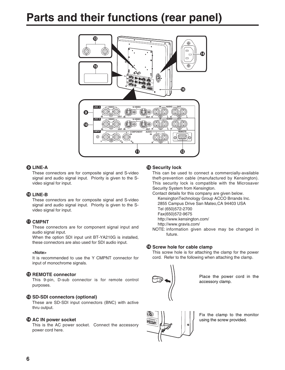 Parts and their functions (rear panel), Remote connector, Sd-sdi connectors (optional) | Ac in power socket, Screw hole for cable clamp, Security lock, 9 line-a, Line-b, Cmpnt | Panasonic BT-LS1400P User Manual | Page 6 / 16