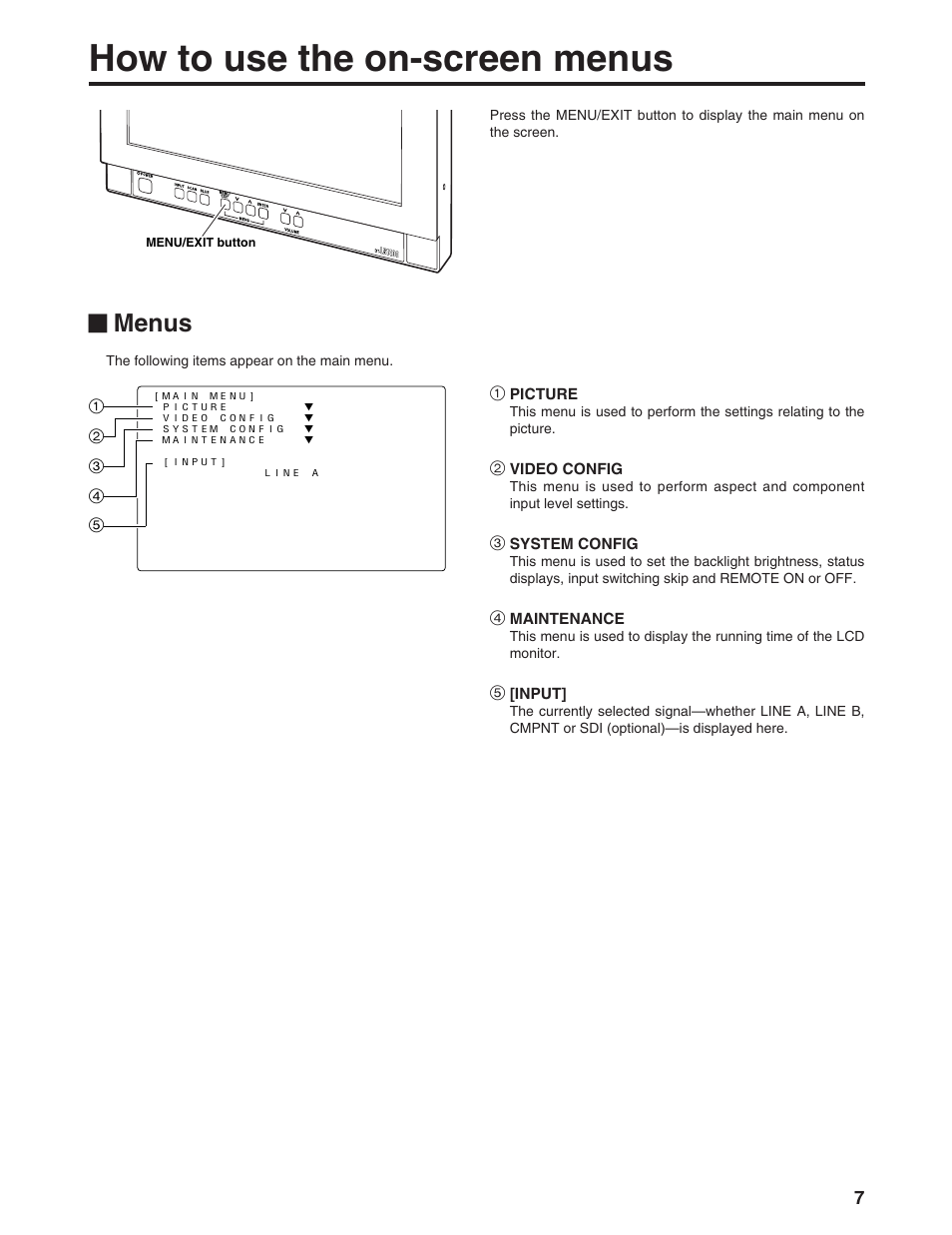How to use the on-screen menus, Menus | Panasonic BT-LS1400P User Manual | Page 7 / 16
