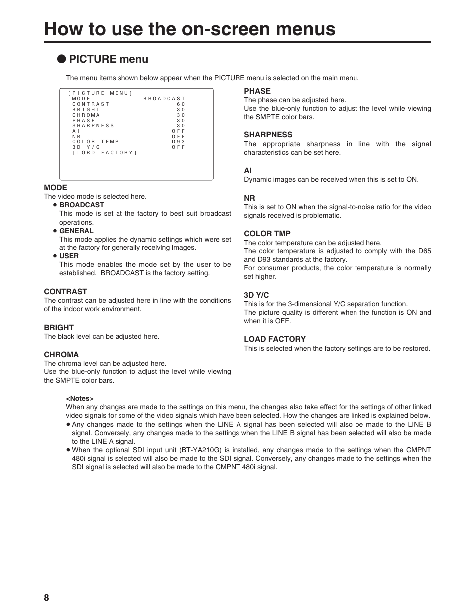 How to use the on-screen menus, Picture menu | Panasonic BT-LS1400P User Manual | Page 8 / 16