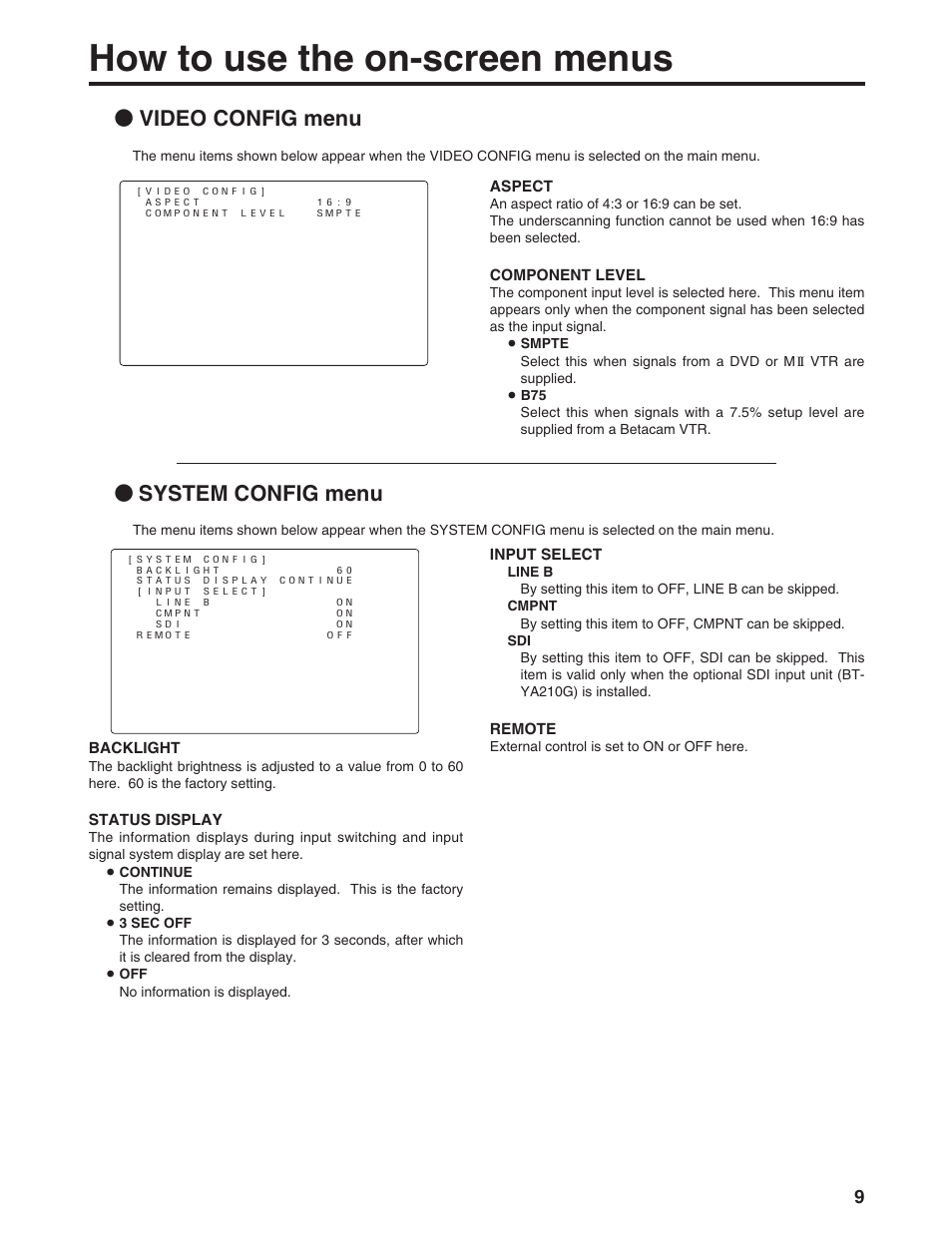 How to use the on-screen menus, System config menu, Video config menu | Panasonic BT-LS1400P User Manual | Page 9 / 16