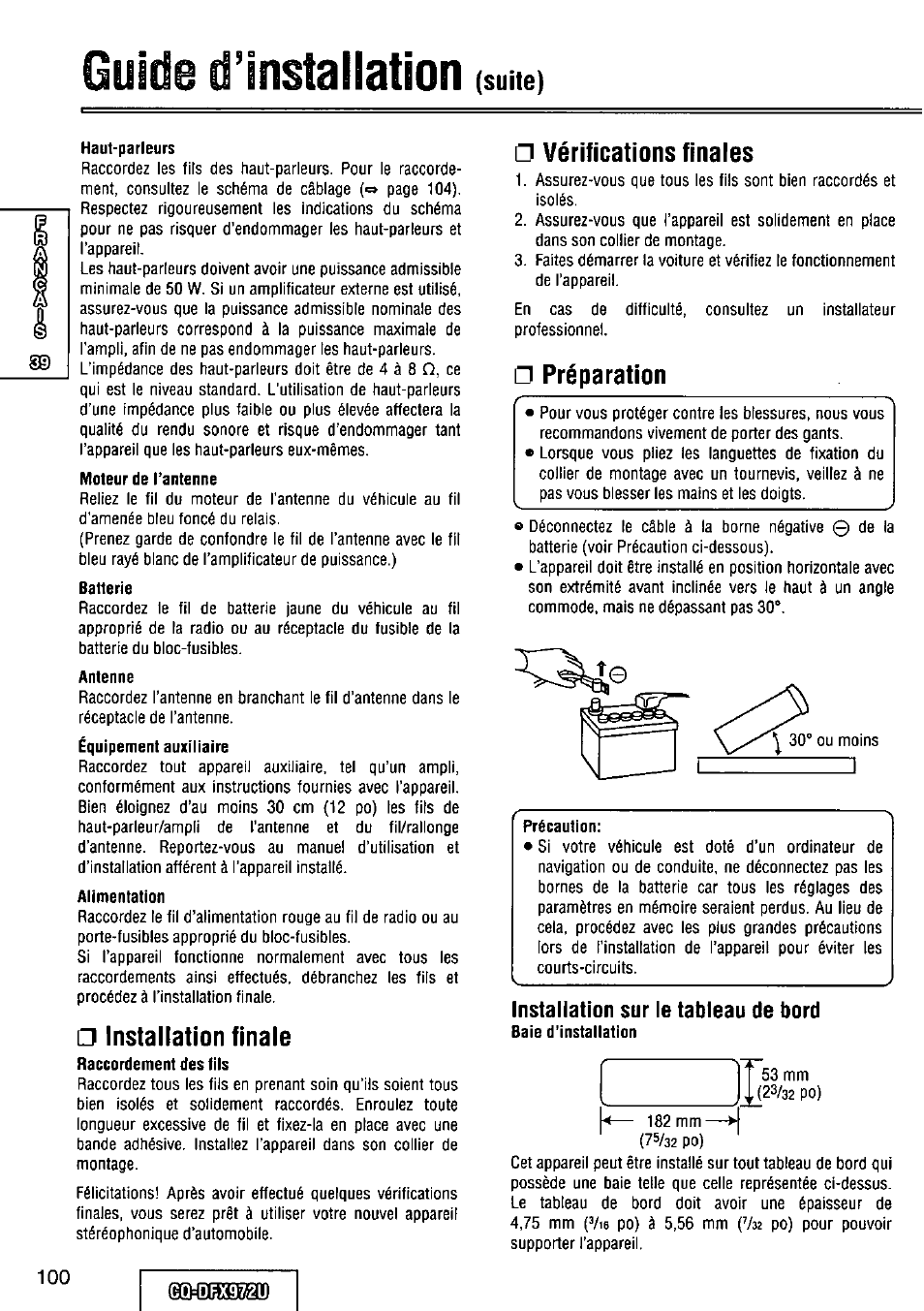 Ha ut-parleurs, Moteur de l’antenne, Batterie | Antenne, Alimentation, Installation finale, Vérifications finales, Préparation, Installation sur le tableau de bord, Guide dlnsîallatlon | Panasonic FULL FRONT MP3 CD PLAYER CQ-DFX972U User Manual | Page 100 / 156