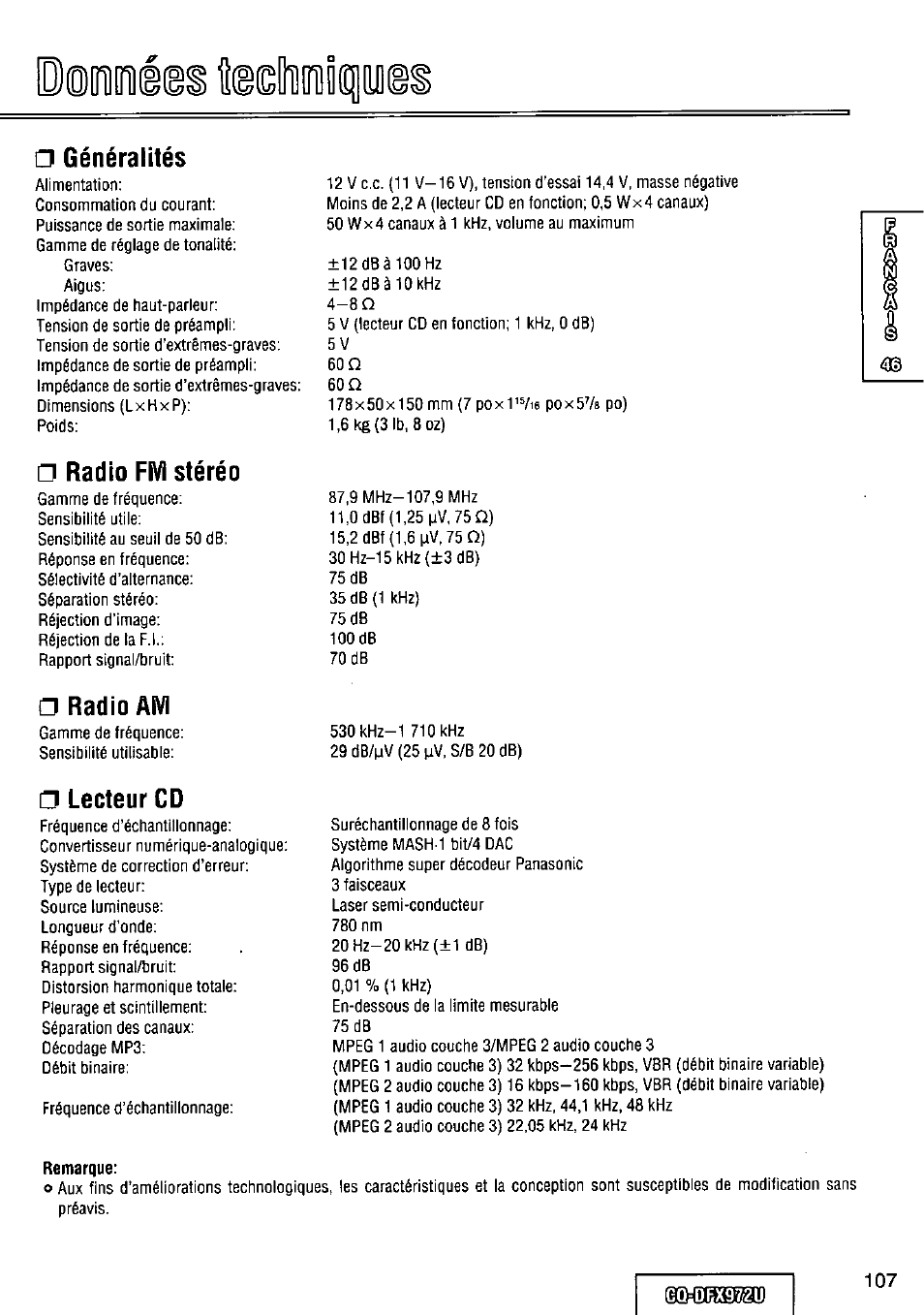 Généralités, Radio fm stéréo, Remarque | Radio am, Lecteur cd | Panasonic FULL FRONT MP3 CD PLAYER CQ-DFX972U User Manual | Page 107 / 156