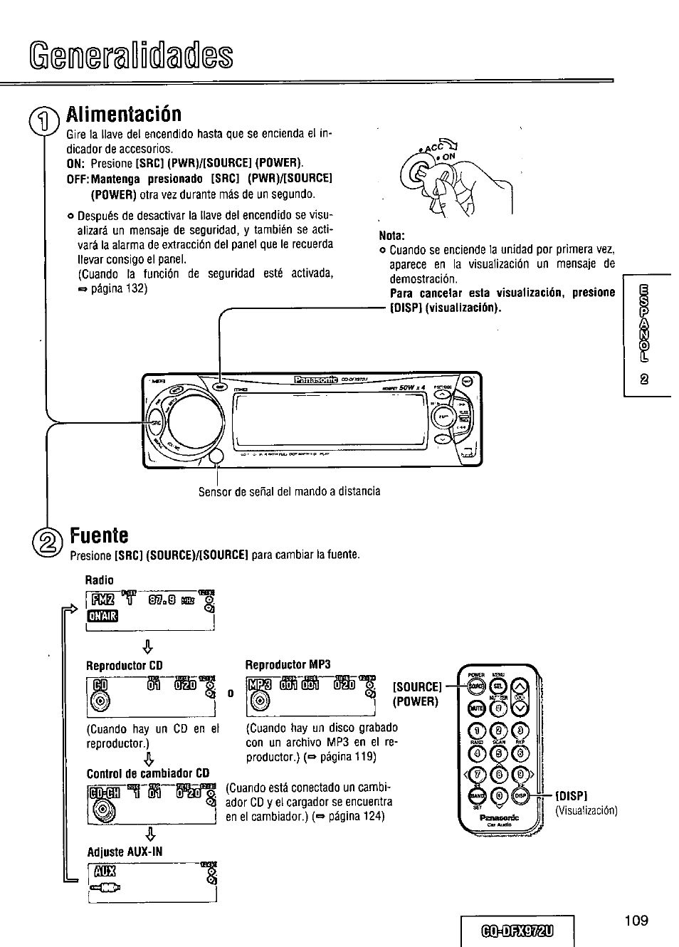 Alimentación, Nota, Fuente | Radio, Reproductor cd 0, Reproductor mp3, Adjuste aux-in, Gqídex912u, D radio, O reproductor cd | Panasonic FULL FRONT MP3 CD PLAYER CQ-DFX972U User Manual | Page 109 / 156