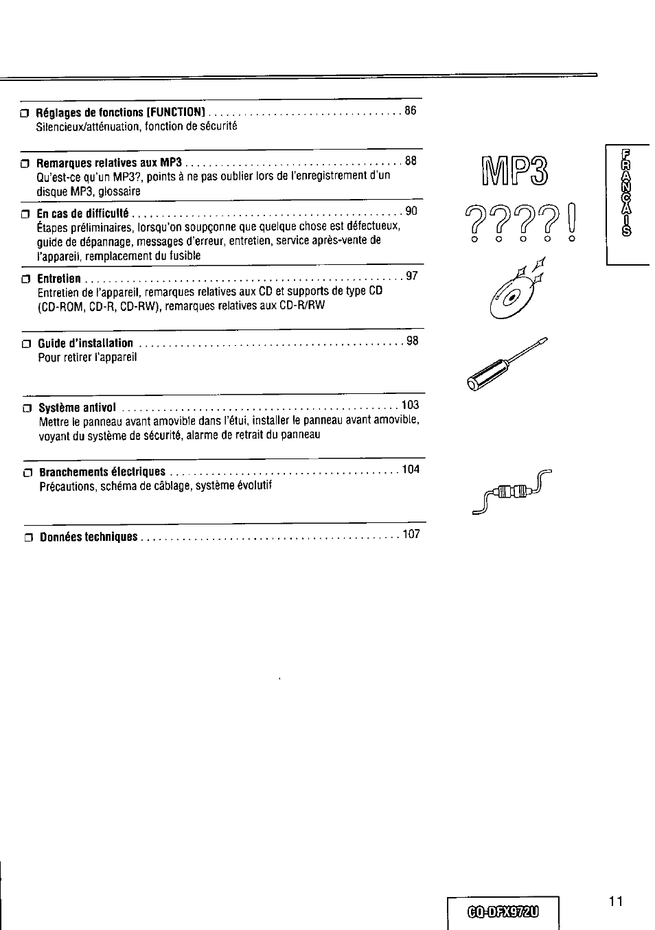 Panasonic FULL FRONT MP3 CD PLAYER CQ-DFX972U User Manual | Page 11 / 156