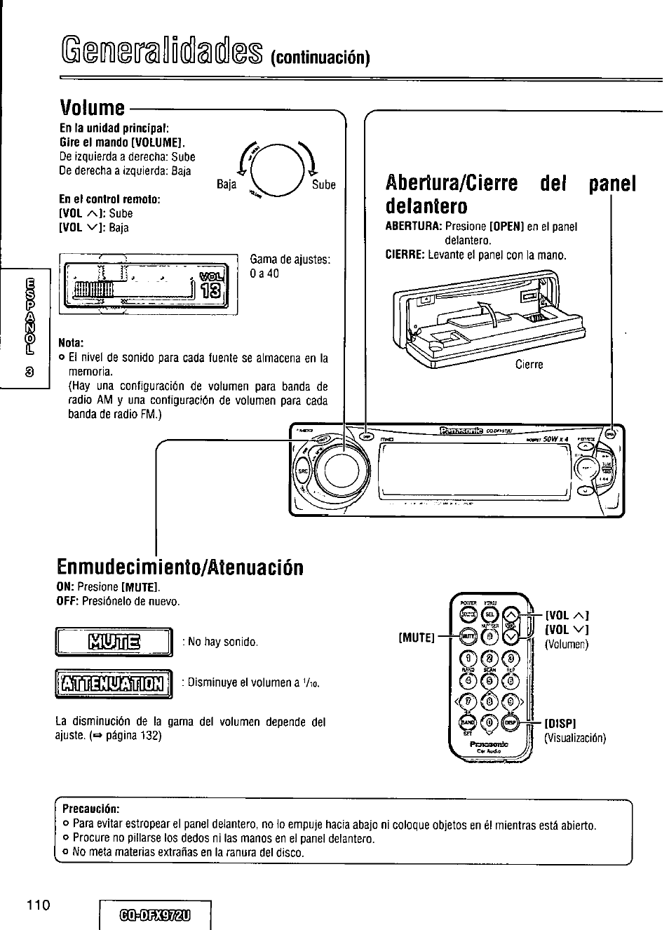 Lí)10ir^ .d([[^d@s (continuación), Volume, En el control remoto | Nota, Enmudecimiento/atenuacíón, Abertura/cierre del delantero, Panel, Precaución, Drx97/2u | Panasonic FULL FRONT MP3 CD PLAYER CQ-DFX972U User Manual | Page 110 / 156