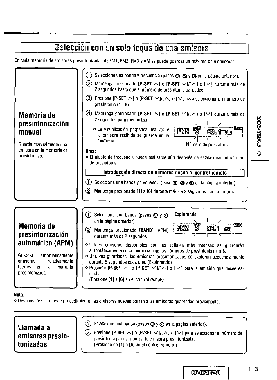 Memoria de, Presintonización, Manual | Memoria de presintonización automàtica (арм), Nota, Llamada a emisoras presiti- tonizadas, Же-ж sd.'fl-afib | Panasonic FULL FRONT MP3 CD PLAYER CQ-DFX972U User Manual | Page 113 / 156