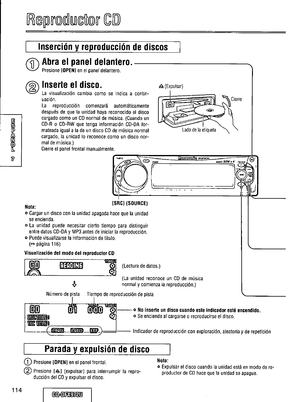 Inserción y reproducción de discos, Inserte el disco, Nota | Reñdin6, Parada y expulsión de disco, Abra el panel delantero | Panasonic FULL FRONT MP3 CD PLAYER CQ-DFX972U User Manual | Page 114 / 156