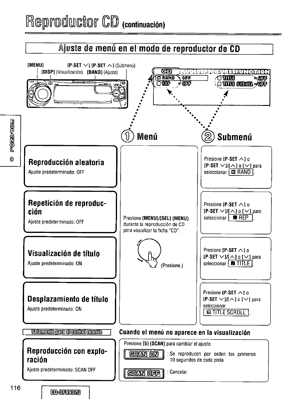 1 <gb, Menú, Submenú | Reproducción aleatoria, Repetición de reproducción, Visualización de título, Desplazamiento de título, Presione [menu]/[sel] (menu), Sol a m entelo a rate ircoñlro lire moto, Cuando el menú no aparece en la visualización | Panasonic FULL FRONT MP3 CD PLAYER CQ-DFX972U User Manual | Page 116 / 156