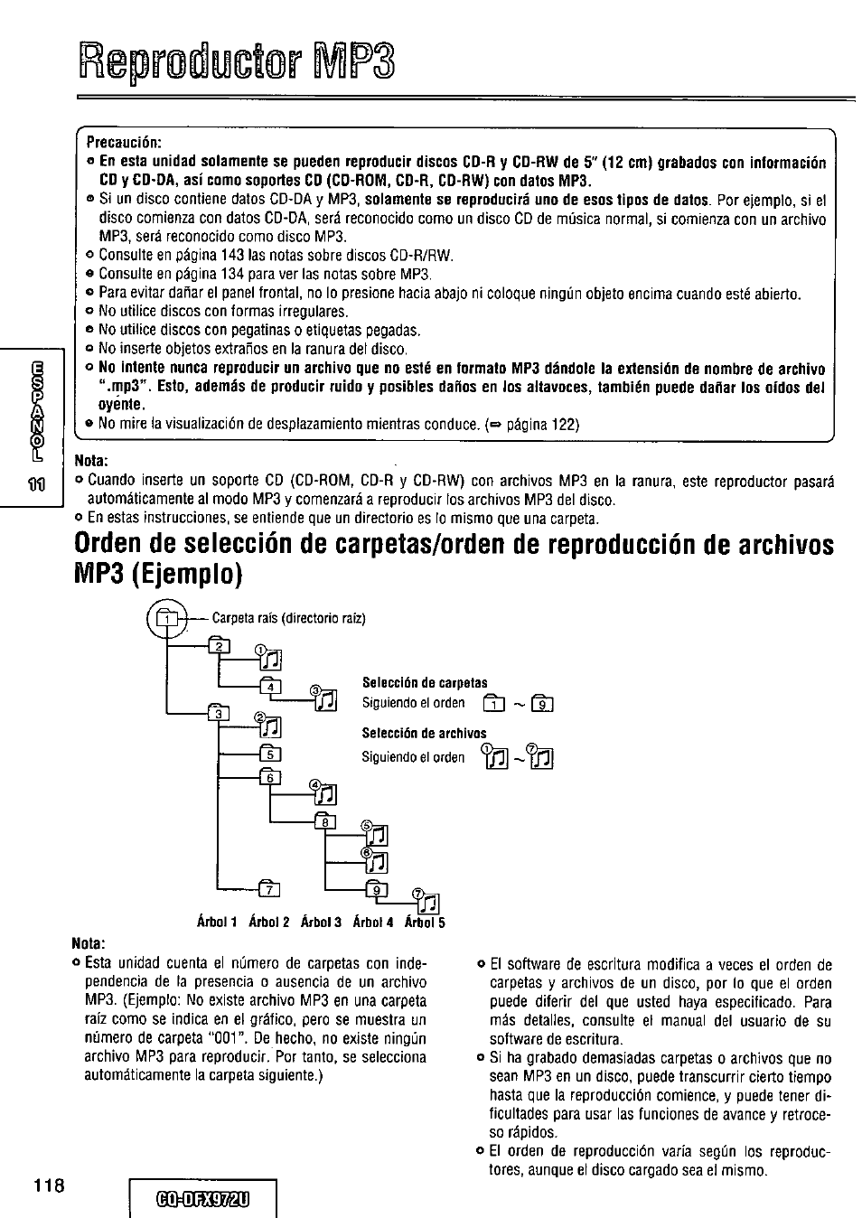 Precaución, Nota | Panasonic FULL FRONT MP3 CD PLAYER CQ-DFX972U User Manual | Page 118 / 156