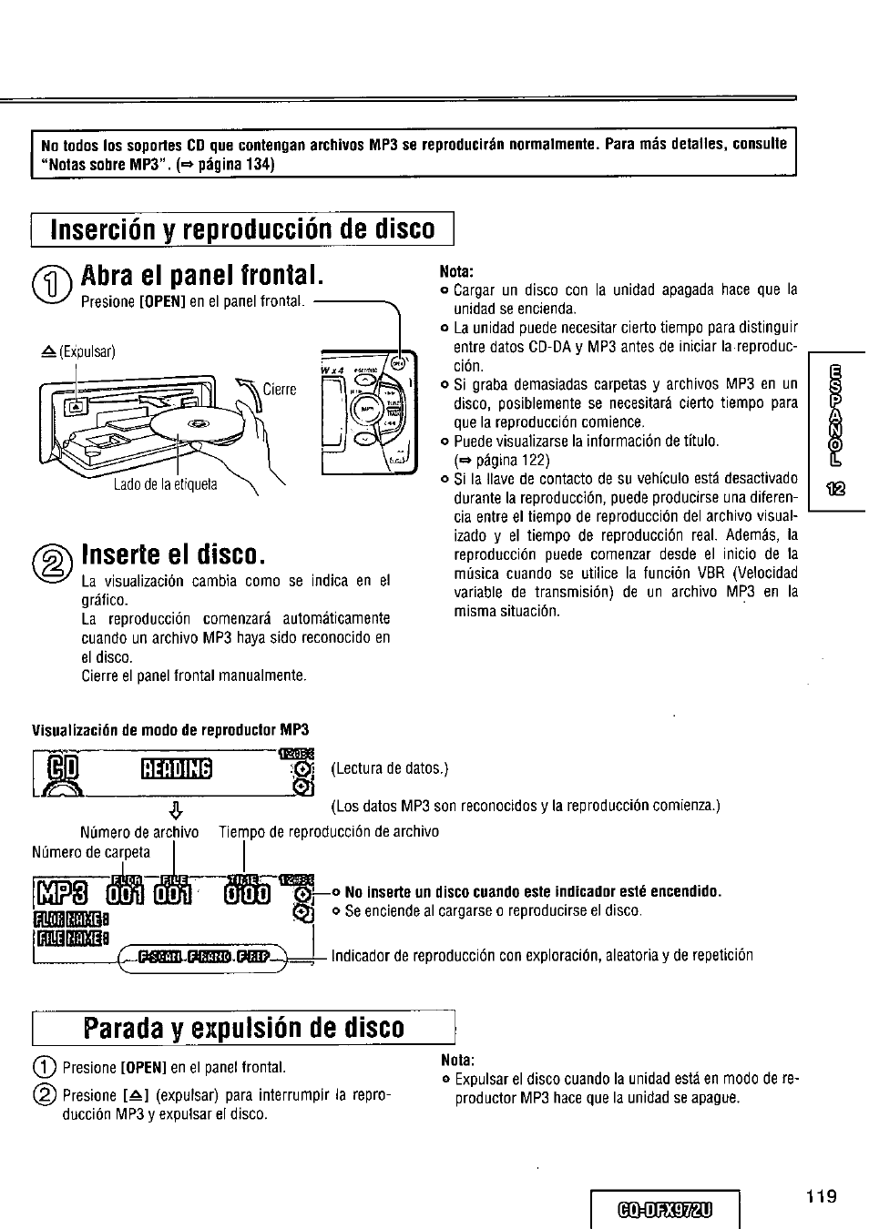 Inserción y reproducción de disco, Inserte el disco, Nota | Visualizacíón de modo de reproductor mp3, Parada y expulsión de disco, E01drx97i2u, Re»din6, Lili, Abra el panel frontal | Panasonic FULL FRONT MP3 CD PLAYER CQ-DFX972U User Manual | Page 119 / 156