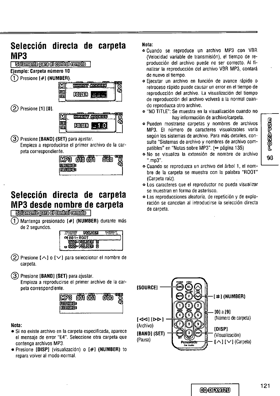 Selección directa de carpeta mp3 | Panasonic FULL FRONT MP3 CD PLAYER CQ-DFX972U User Manual | Page 121 / 156