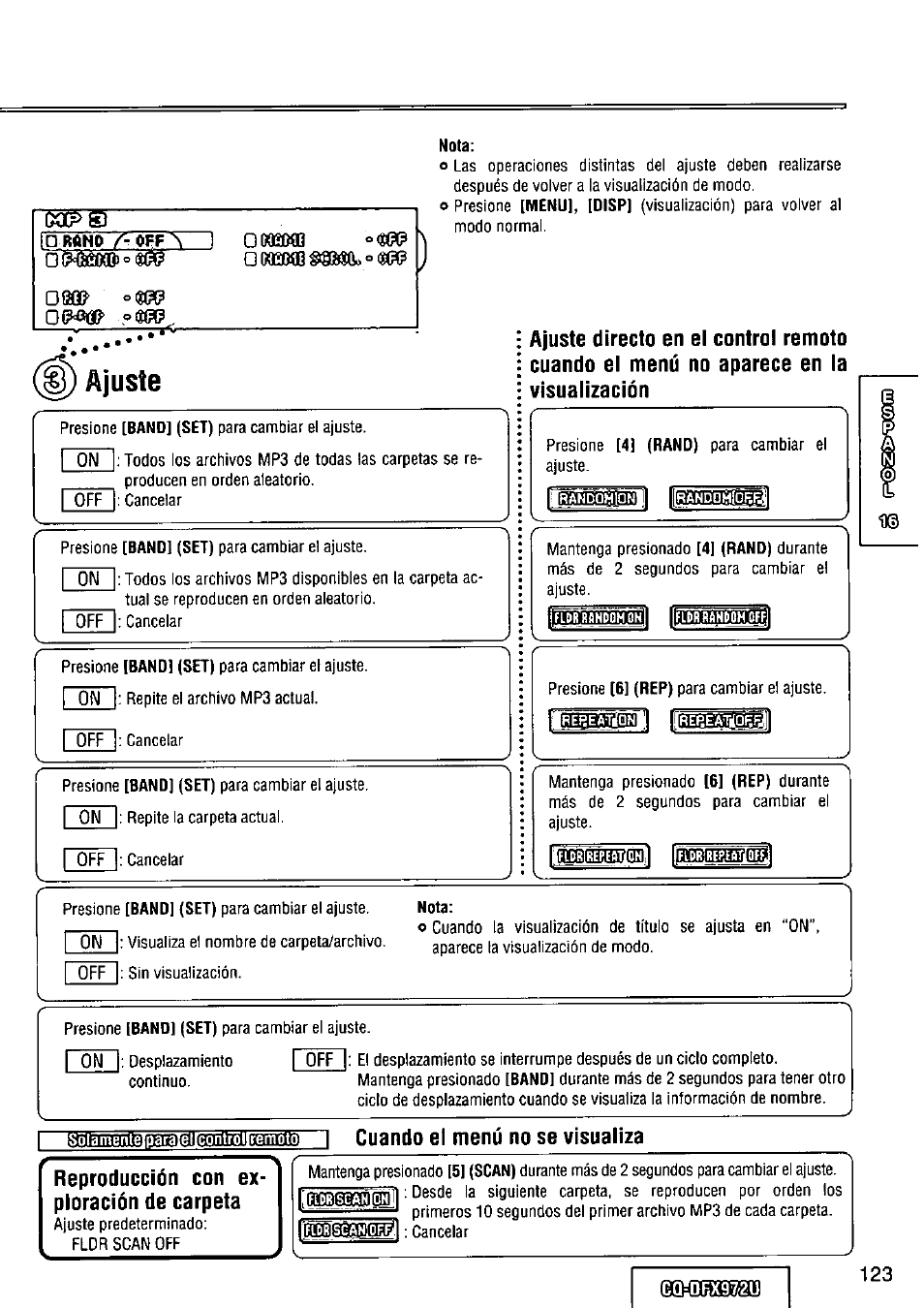 Ajuste, Cuando el menú no se visualiza, Reproducción con exploración de carpeta | Panasonic FULL FRONT MP3 CD PLAYER CQ-DFX972U User Manual | Page 123 / 156