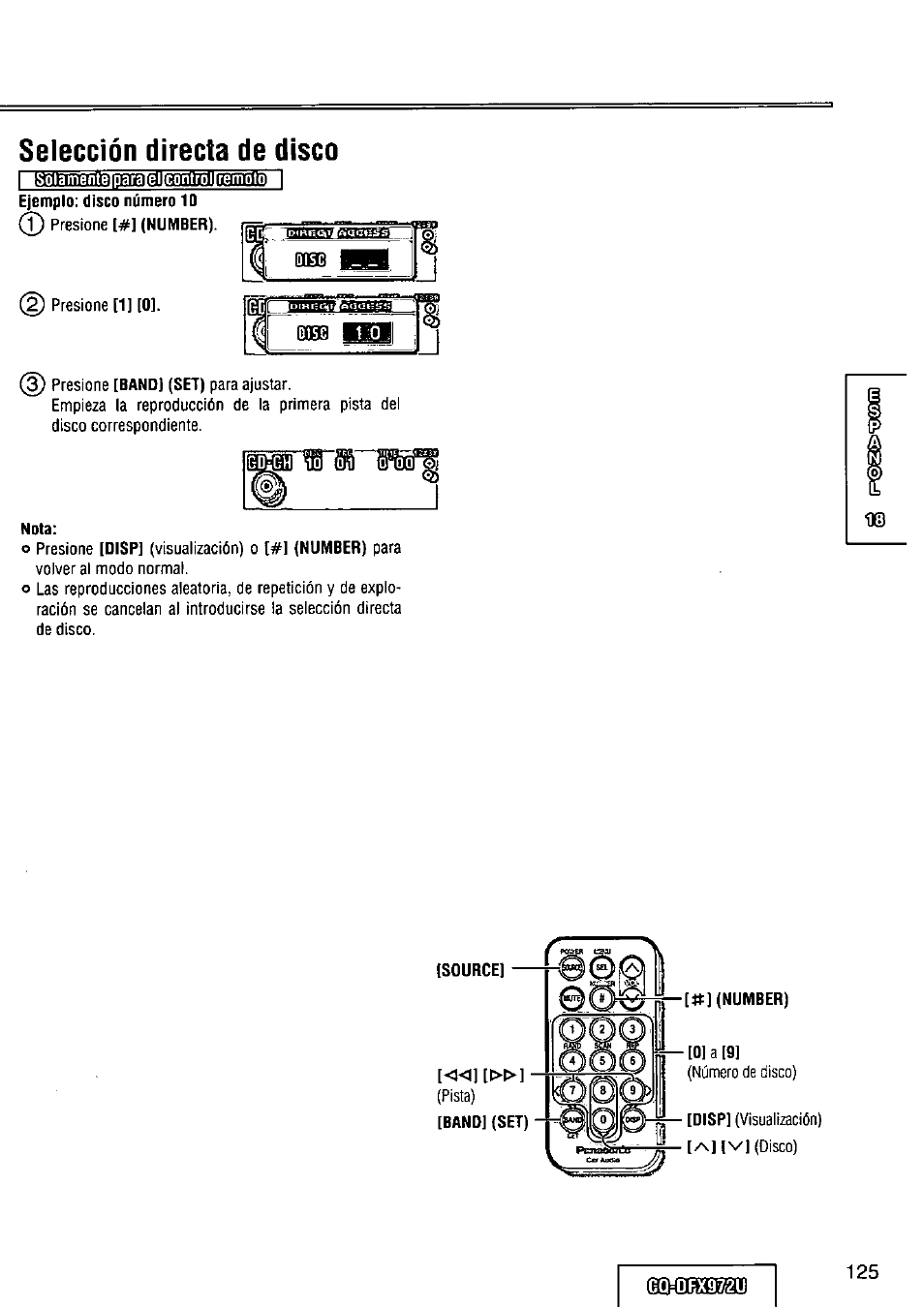 Selección directa de disco | Panasonic FULL FRONT MP3 CD PLAYER CQ-DFX972U User Manual | Page 125 / 156