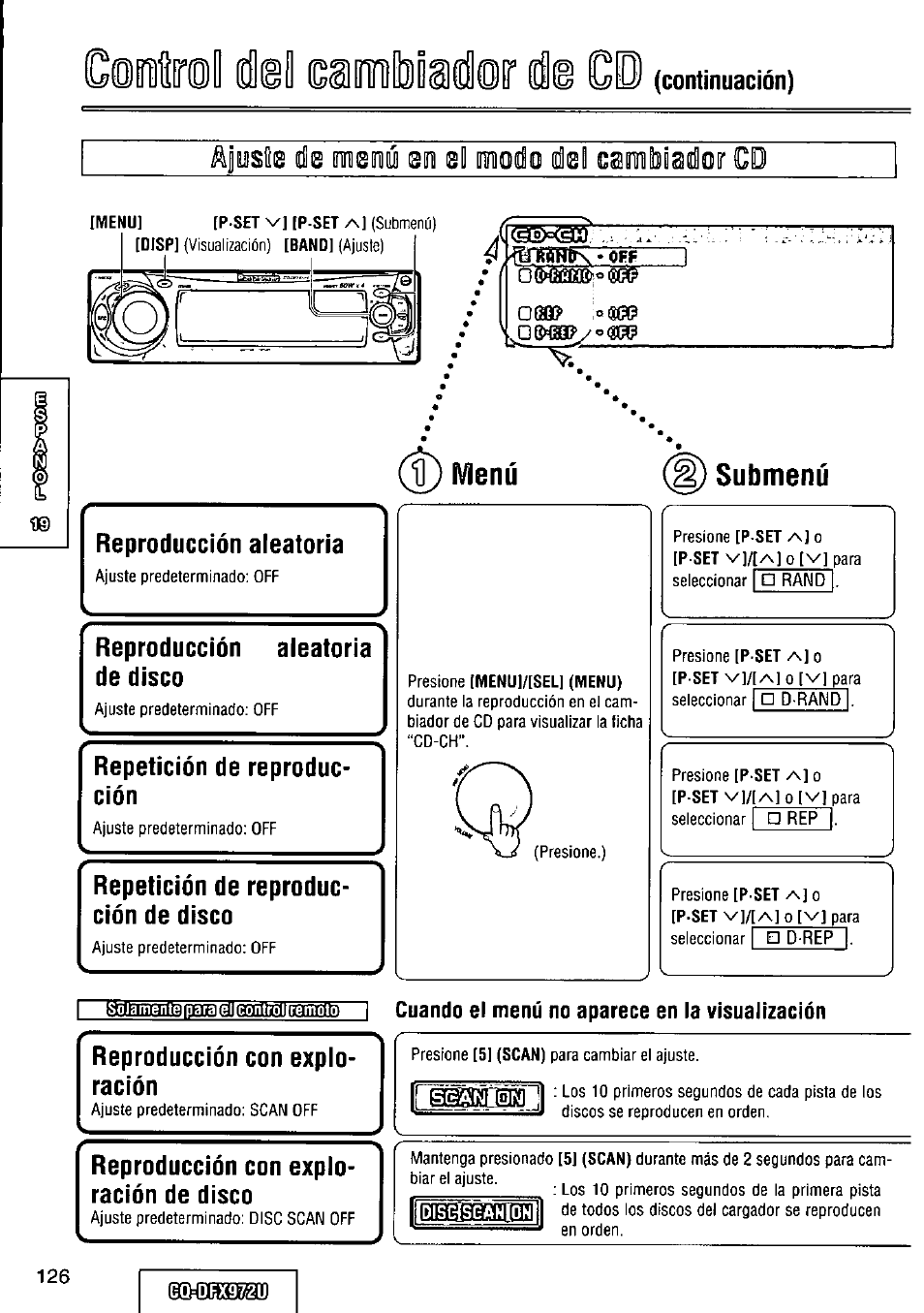 Menù, Submenu, Presione [menu]/[sel] (menu) | Solamente, Samislidloir ili co, Elei, Menù submenu, A ¡usté ti0 meinié, D 0 cam tiiodor c0, Continuación) | Panasonic FULL FRONT MP3 CD PLAYER CQ-DFX972U User Manual | Page 126 / 156