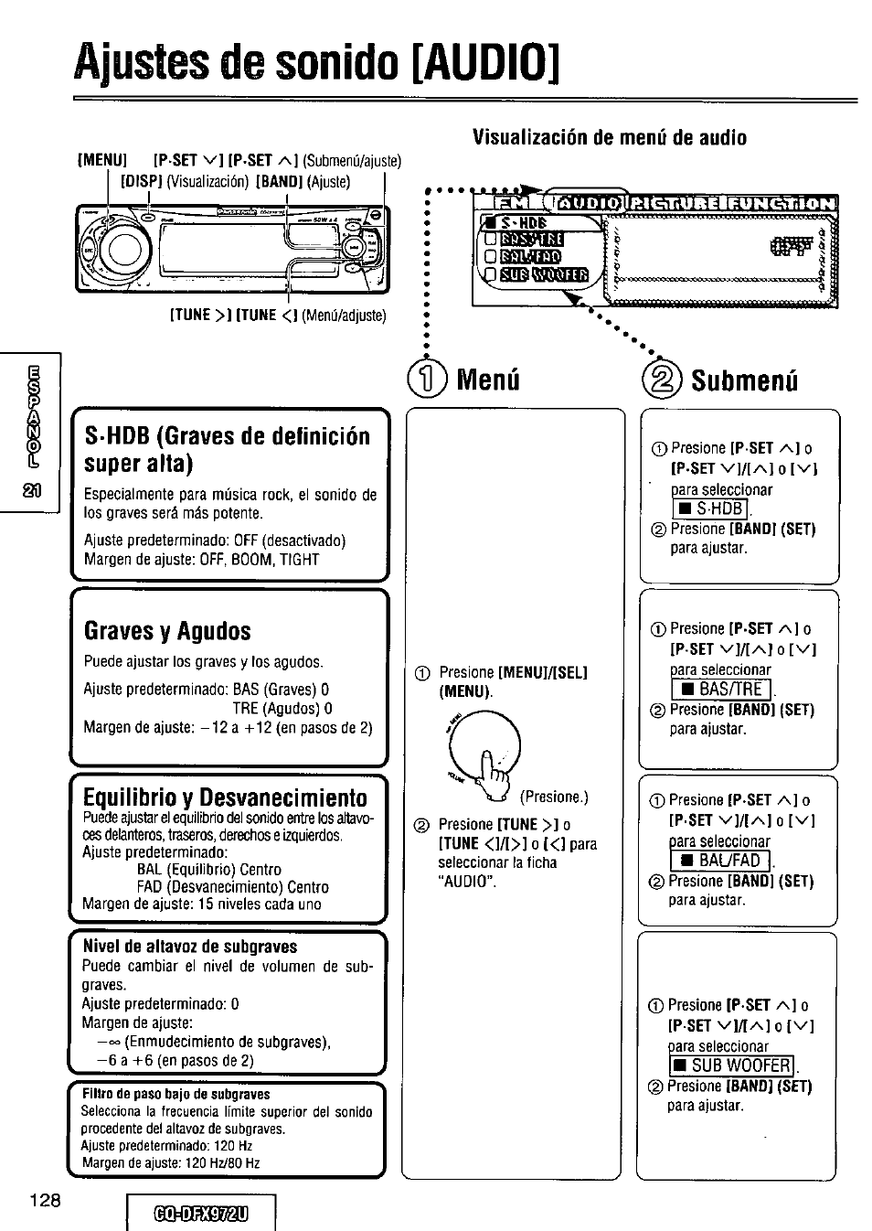 Visualización de menú de audio, D) menú, Submenu | Ajustes de sonido [audio, D) menú submenu | Panasonic FULL FRONT MP3 CD PLAYER CQ-DFX972U User Manual | Page 128 / 156