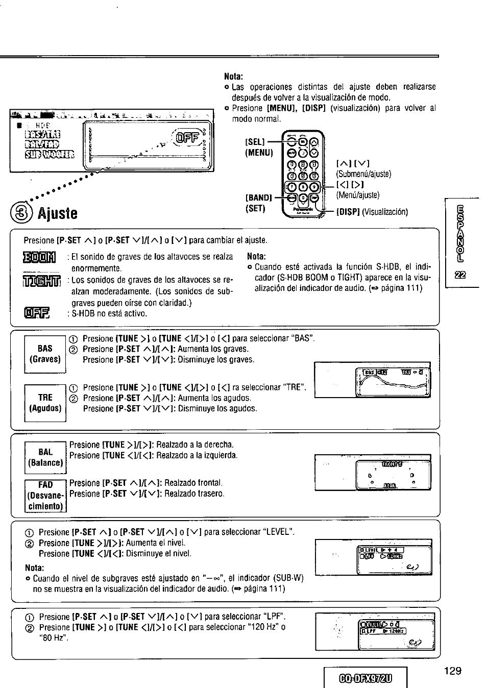 Nota, Ajuste, Submenú/ajuste) ( men ú/aj uste) | Panasonic FULL FRONT MP3 CD PLAYER CQ-DFX972U User Manual | Page 129 / 156