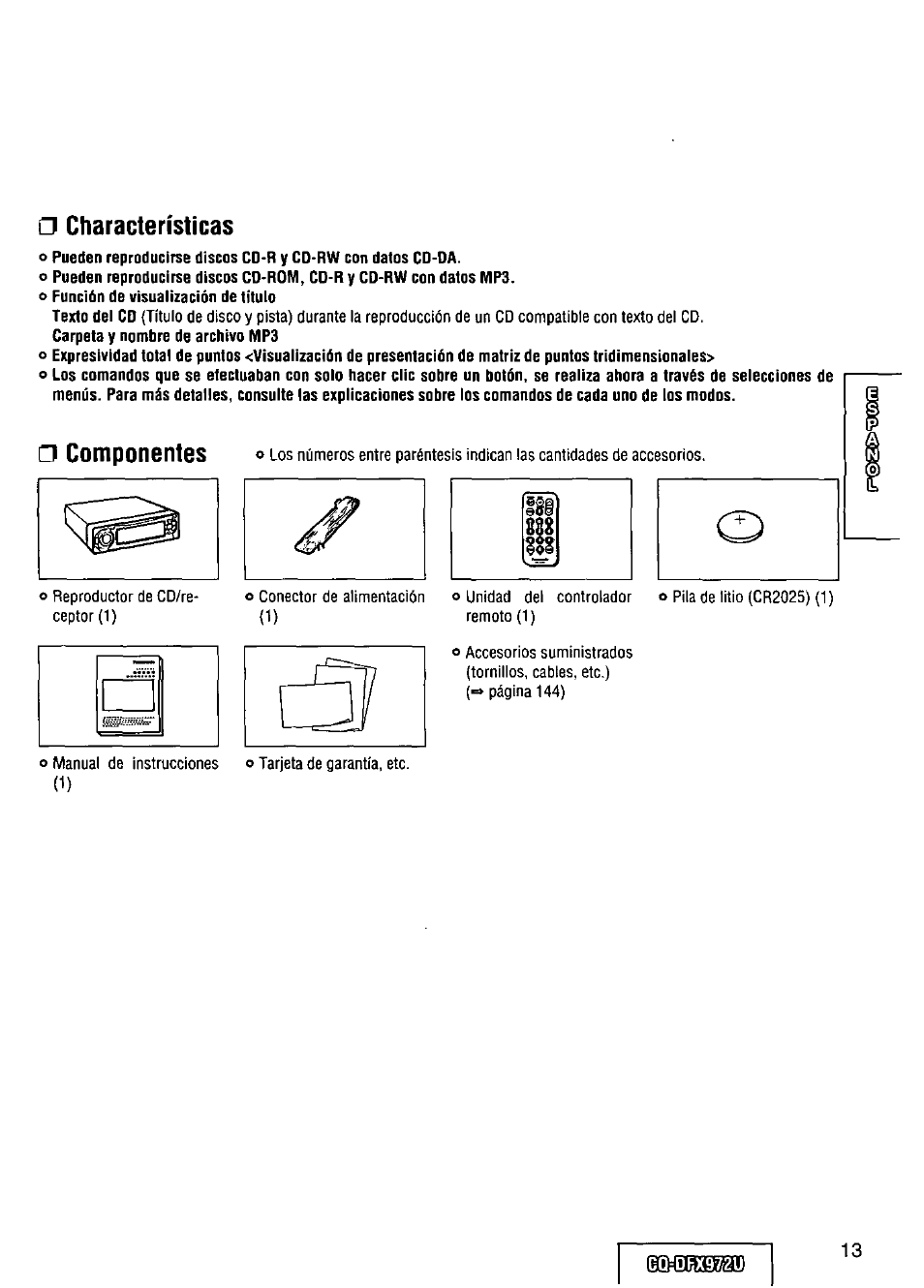 Characterísticas | Panasonic FULL FRONT MP3 CD PLAYER CQ-DFX972U User Manual | Page 13 / 156