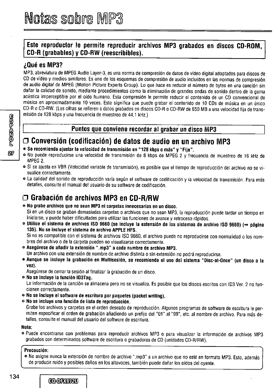 Qué es mp3, Grabación de archivos mp3 en cd-r/rw, Nota | Precaución | Panasonic FULL FRONT MP3 CD PLAYER CQ-DFX972U User Manual | Page 134 / 156