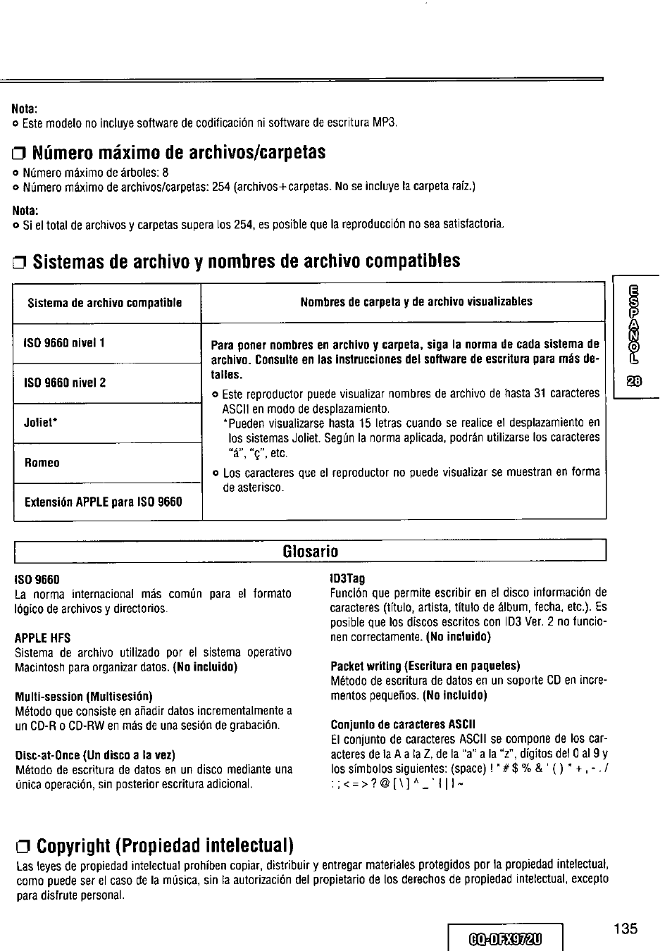 Nota, Número máximo de archivos/carpetas, Glosario | Iso 9660, Apple nfs, Multi-session (multisesión), Disc-at-once {un disco a la vez), Idstag, Packet writing {escritura en paquetes), Conjunto de caracteres ascii | Panasonic FULL FRONT MP3 CD PLAYER CQ-DFX972U User Manual | Page 135 / 156