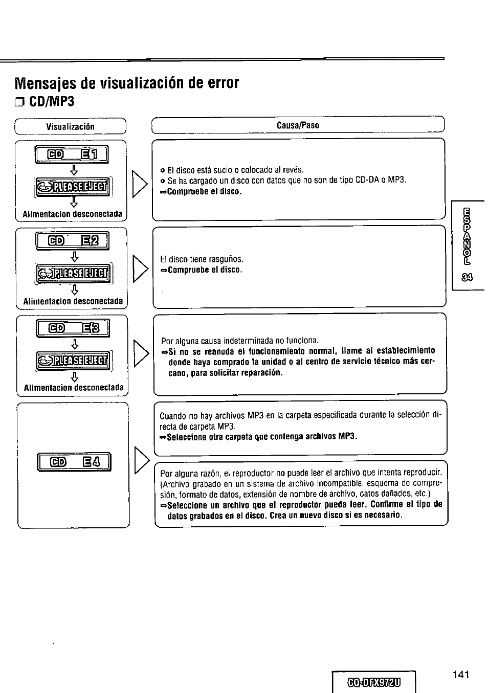 Mensajes de visualízación de error, Cd/wíp3 | Panasonic FULL FRONT MP3 CD PLAYER CQ-DFX972U User Manual | Page 141 / 156