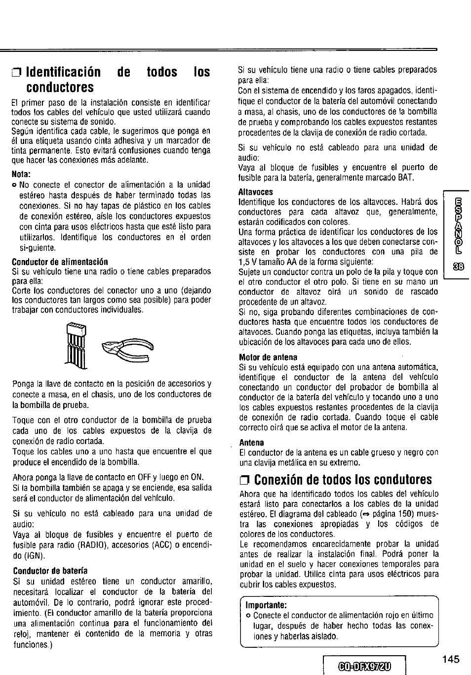 Identificación conductores, Nota, Conductor de batería | Altavoces, Motor de antena, Antena, Conexión de todos los condutores, De todos los □ identificación conductores | Panasonic FULL FRONT MP3 CD PLAYER CQ-DFX972U User Manual | Page 145 / 156
