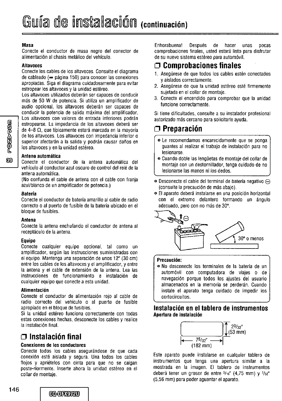 Lodoil (continuación), Masa, Altavoces | Antena automática, Batería, Antena, Alimentación, Instalación final, Comprobaciones finales, Preparación | Panasonic FULL FRONT MP3 CD PLAYER CQ-DFX972U User Manual | Page 146 / 156