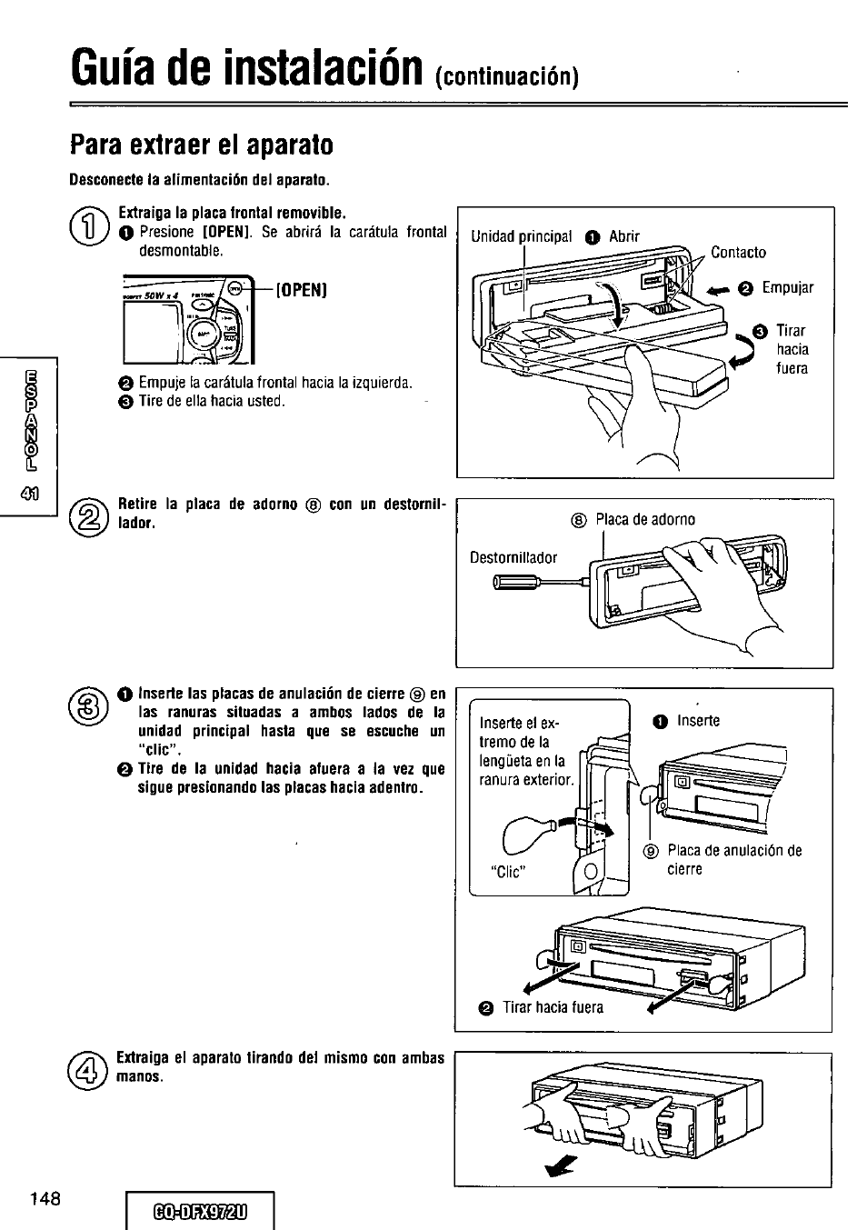 Para extraer el aparato, Guía de instalación | Panasonic FULL FRONT MP3 CD PLAYER CQ-DFX972U User Manual | Page 148 / 156