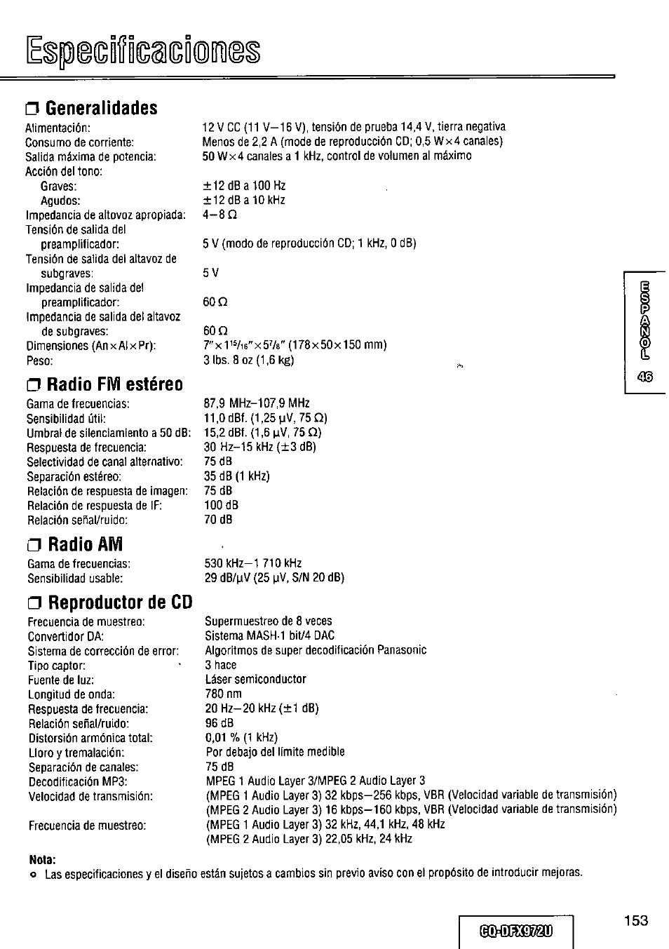 Generalidades, Radio fivi estéreo, Radio am | Reproductor de cd, Nota, Dbx975u, N generalidades | Panasonic FULL FRONT MP3 CD PLAYER CQ-DFX972U User Manual | Page 153 / 156