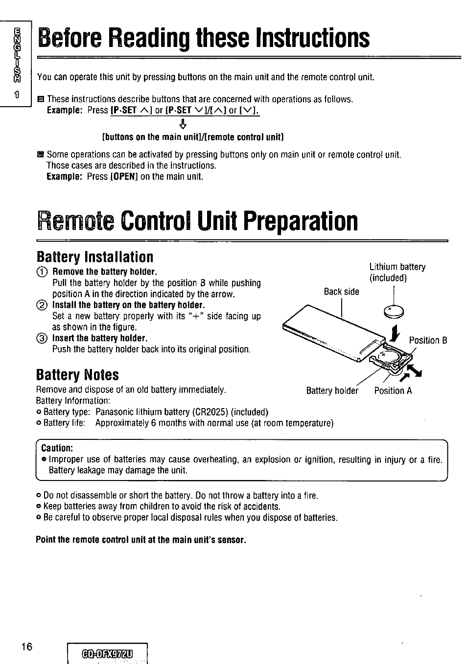 Battery installation, Battery notes, Before reading these instructions | Iemote control unit preparation | Panasonic FULL FRONT MP3 CD PLAYER CQ-DFX972U User Manual | Page 16 / 156